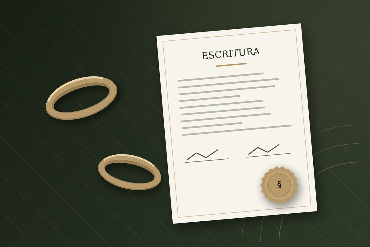 Ilustração de duas alianças douradas afastadas sobre uma escritura com selo, em fundo verde