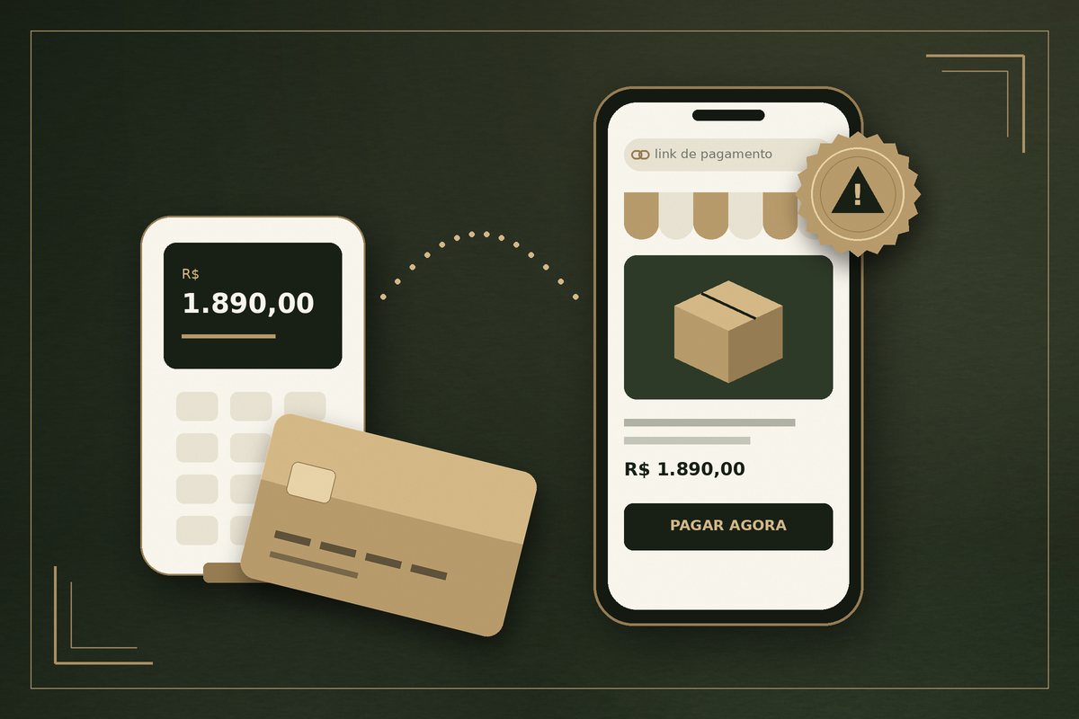 Ilustração de maquininha de cartão, cartão dourado e celular com link de pagamento e selo de alerta, em fundo verde
