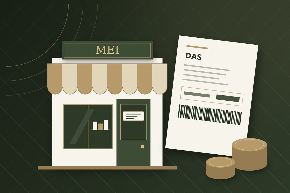 Ilustração de uma fachada de pequeno negócio com placa MEI, guia do DAS e moedas, sobre fundo verde