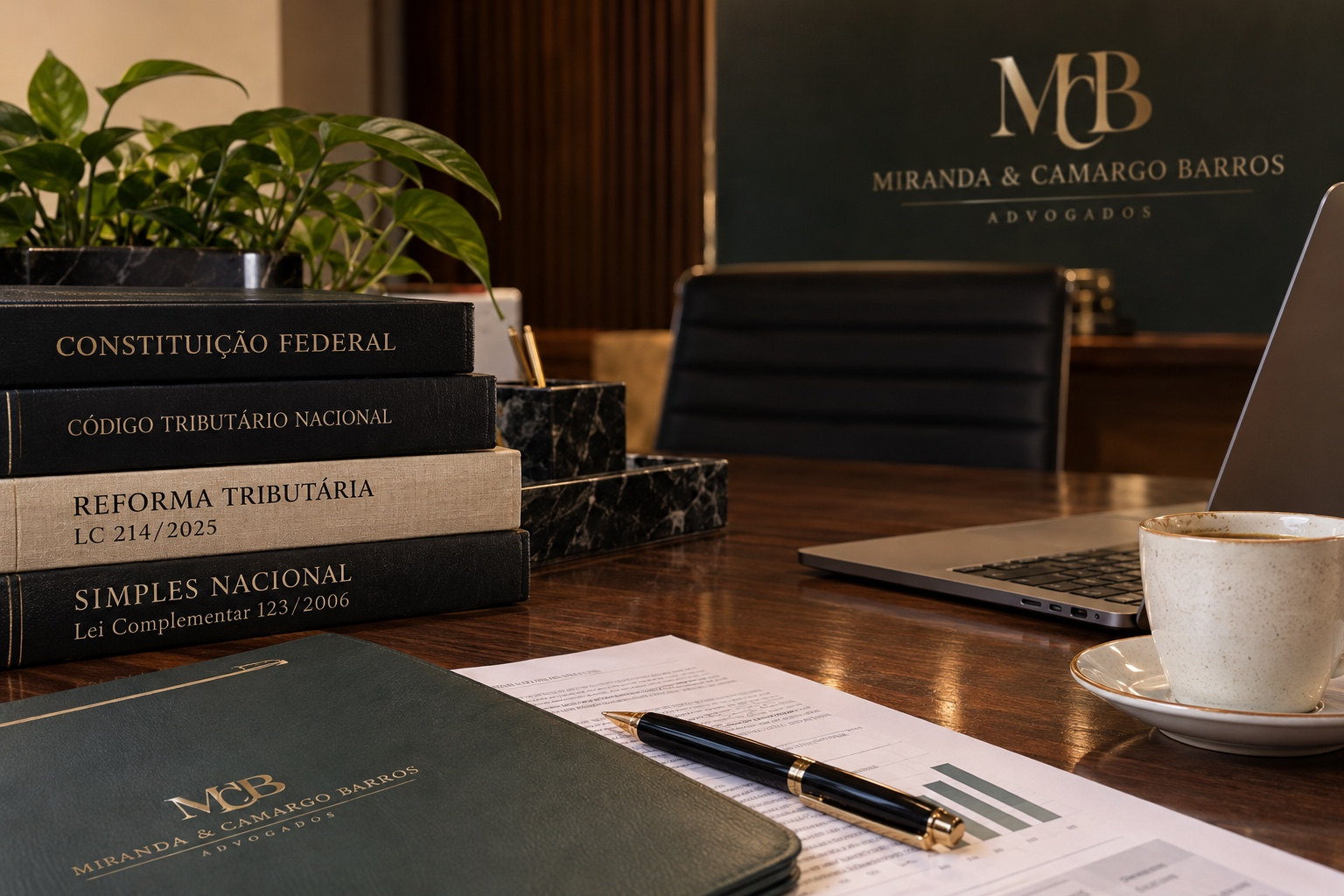Mesa de trabalho com livros jurídicos sobre a reforma tributária